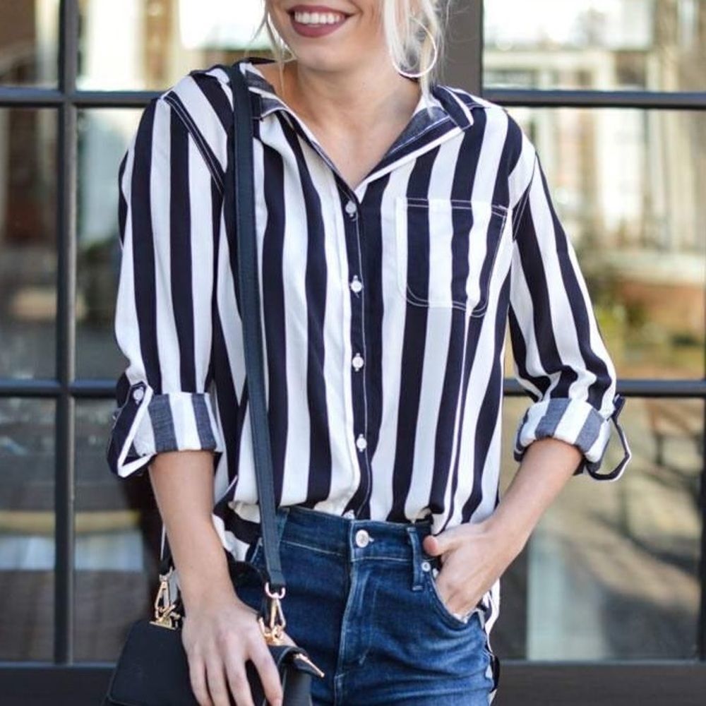 Velvet Heart Striped Button Front Blouse Black White Xs